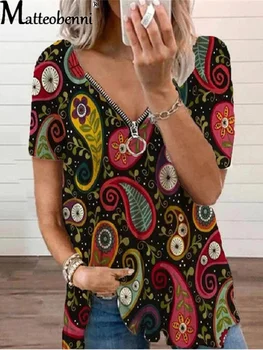 Femei De Moda De Vară Leopard Geometrie Print T-Shirt Pentru Streetwear Fermoar Decor V-Neck Maneca Scurta Casual Pierde Pulovere Topuri