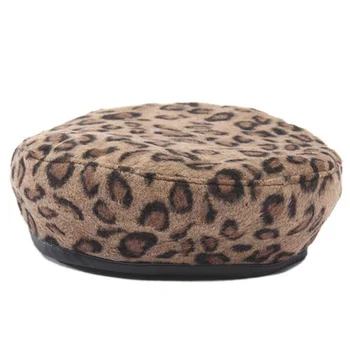 YOYOCORN Leopard en-gros de Iarna Cald Lână faux Bereta Femei Fete Artist francez Beanie Hat Cap Plat de Top capace încălzit de pălării