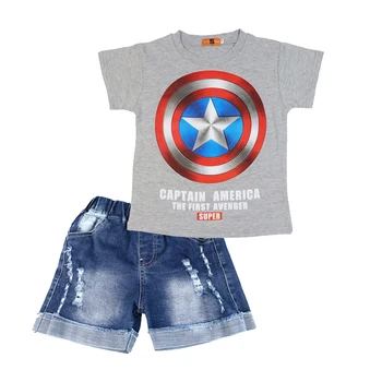 Disney Băieți Costume Avengers Captain America super Erou de Vara din Bumbac tricou Copii&Denim pantaloni Scurți Set Haine Copii Costum de Haine