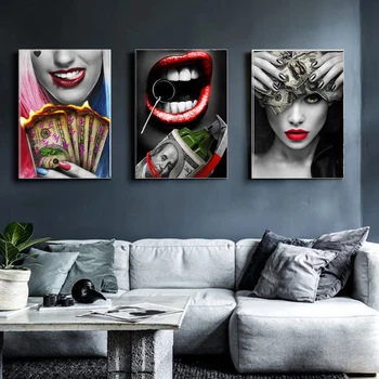 Zâmbetul de Buze Roșii, Arderea de Dolari Bani pentru Nefumători Frumusete de Femeie Imagine Abstractă Panza Pictura Arta de Perete Poster pentru Camera de zi Decor
