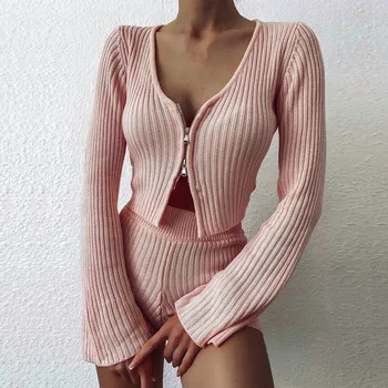 Solid V-neck Set de Pijama Femei, cu Fermoar Maneca Ars Body Set Top + pantaloni Scurți Seturi Casual Pierde Homewear Confort Moale Homesuit