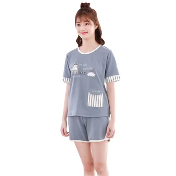 2021 Vara pentru Femei Seturi de Pijamale Subțiri Maneci Scurte pantaloni Scurți de Bumbac cămașă de noapte 2 buc Costum coreeană Desene animate Haine de Acasă Sleepwear