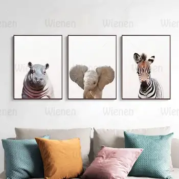 Nordic Postere si Printuri Drăguț Animale Copil Leu, Zebra, Elefant, Hipopotam Girafa Arta de Perete Panza Pictura Decorațiuni Murale