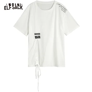 ELFSACK Harajuku Solid Pur Casual Split Tiv T-Shirt Femei,2021 Vara Cordon Scrisoare Maneca Scurta de sex Feminin Bază de zi cu Zi Topuri
