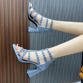 Sandale pentru femei, pantofi de moda de vara albastru design de lux 2021 noi toc gros temperament cu toc sandale pentru femei pantofi