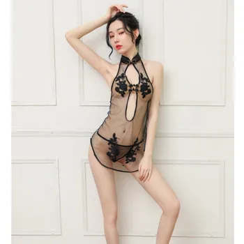 2021 nou sexy lenjerie sexy din dantela cu fantă uniformă net tifon perspectivă de sex feminin clasic broderie cheongsam set