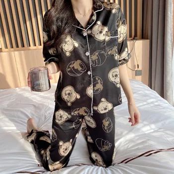 Doamna Maneca Scurta Vara Homewear Satin de Mătase Sleepwear Pooh de Imprimare de Moda Pijamale