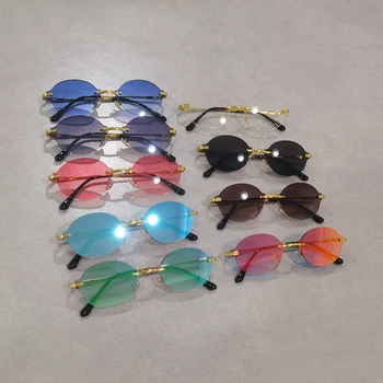 Peekaboo framelesss oval ochelari de soare pentru barbati stil retro verde albastru oglindă fără ramă pahare mici pentru femei pline de culoare uv400 2022