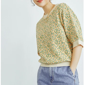 HWLZLTZZHT de Vară de Moda Tricot T Shirt O Gât Scurt Maneca Tricou Femei Topuri coreean Elegant de Flori Mozaic Harajuku T-Shirt