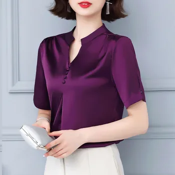 2021 Vara pentru Femei de Moda Topuri cu Maneci Scurte Casual Elegant Doamnelor Topuri Birou Doamnă Butonul V-neck Solid de Femei de Îmbrăcăminte, 5379