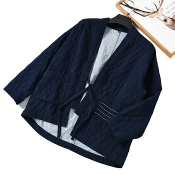Barbati Bleumarin Gros Tricotate Denim Vesta Kimono Stil Japonia 2021 Primavara Toamna Deschide Placket Masculin Haori Strat Liber