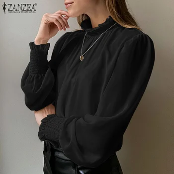 Moda Femei Tricou Primăvară Munca de Birou Bluza ZANZEA 2021 Elegant Solid OL Blusas Volane Guler Tunica Lantern Maneca Topuri