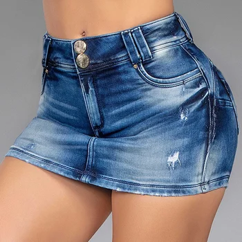 Denim Femei Fusta Pantaloni Scurți De Înaltă Talie Design Butonul De Blugi Scurte De Vară Slab Spălate Scurt Jean Fuste Femei Albastru Gri