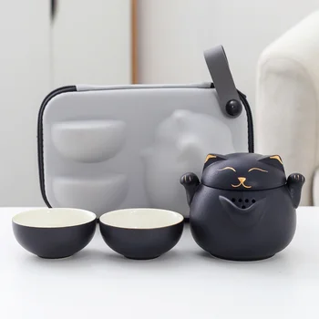 LUWU Ceainic Ceramic cu 2 Cesti de Pisica Drăguț de Călătorie Portabil, Seturi de Ceai