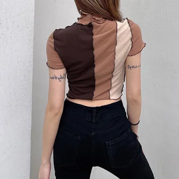 Volan Gol Afară Trunchiate Tricou Femei de Moda Toamna cu Maneci Lungi T-shirt Doamnelor de Bază Mozaic de Sus Teuri Streetwear