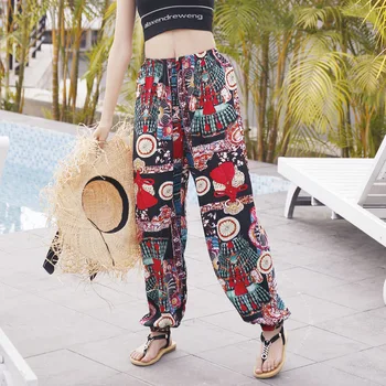 Femei Bumbac, Mătase De Vară Pe Plajă Print Floral Pantaloni Largi Fete Talie Mare Moda Casual Elastic Respirabil Moale Pantaloni Lungi