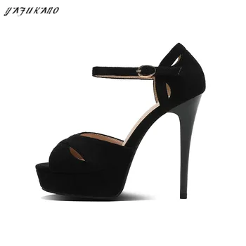 12cm Femeile cu Toc Sandale de Vară 2021 Noua Platforma Gol piele de Căprioară Negru Pantofi de Lucru Sexy Lady Pompe de Petrecere Tocuri inalte, Mărimea 32 33