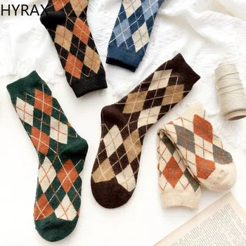 HYRAX Femei Ciorapi de Cald Îngroșa Japoneză Retro Gramada Șosete Japoneze Carouri Lână Șosete Tendință Gramada de Sosete