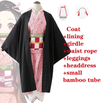 Anime Kimetsu Nu Yaiba Demon Slayer Cosplay Kamado Nezuko Costum Kimono Japonez Uniformă Tinuta Strat De Captuseala Saboți Cosplay Peruci