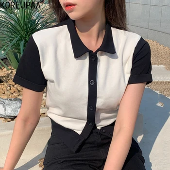Korejpaa Femei Pulover De Vară 2021 Coreean Chic All-Meci Rever Contrast Single-Breasted Slim-Fit Cu Mânecă Scurtă Tricotate Cardigan