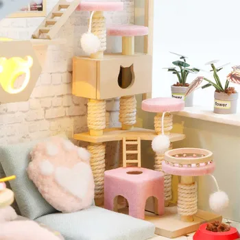 DIY din Lemn Kituri de Păpuși în Miniatură, Cu Mobilier Drăguț Pisici Cafea Gradina Casa de Păpuși Asamblat Jucarii pentru Fete Xmas Cadouri
