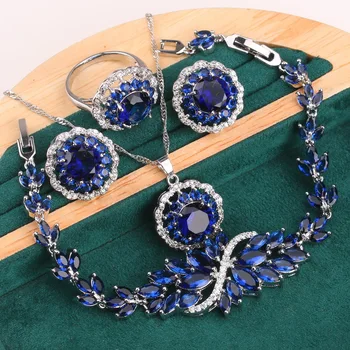 Culoare argintie Set de Bijuterii Pentru Femei de Nunta Royal Blue Topaz Cercei Străpuns Colier Pandantiv Inel Brățară Cadou de Craciun 4 BUC