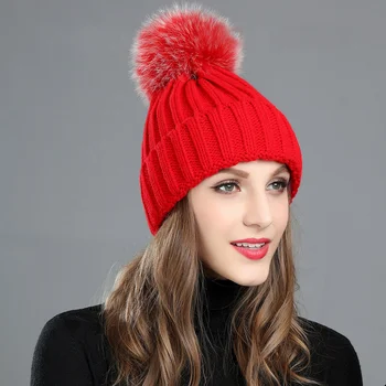 2022 Simplu Pălărie de Iarnă pentru Femei Tricotate Beanie Hat Real Blană de Raton Pălăria pentru Femei Copii Cald Compact Gros Elastic Pălărie