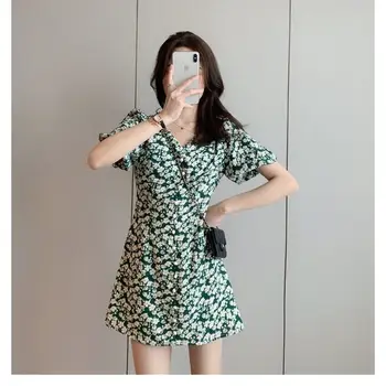 2021 Primăvară Șic Coreea Fenimine Vestidos De Femei De Moda, Stil Boem Data De Vacanță Fete De Imprimare Florale Șifon Scurt Maxi Rochie
