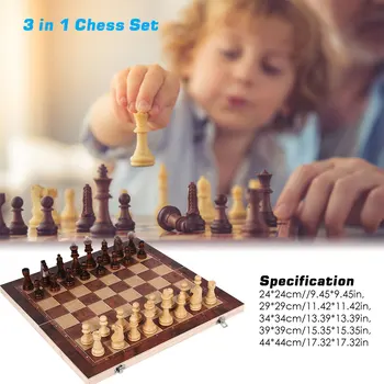 3 In 1 Din Lemn Joc De Șah, Table, Dame, Șah Set De Piese De Sah Din Lemn Cu Pliere De Șah Pentru Copii