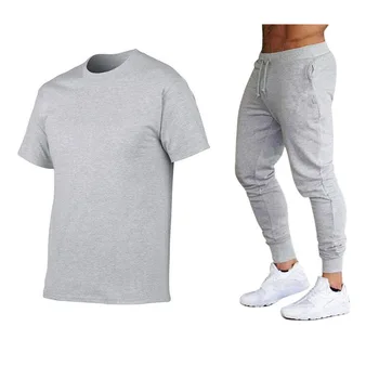 Moda de vara casual barbati trening plaja sport sport cu mânecă scurtă T-shirt 2-bucata set + pantaloni lungi de mari dimensiuni