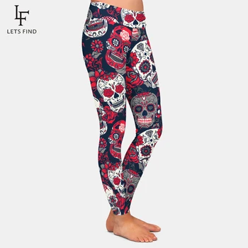 Vinde fierbinte pentru Femei Craniu de flori&Print Digital Negru Jambiere Talie Mare Pantaloni Stretch Pantaloni Casual Plus Dimensiune Fierbinte de Vânzare