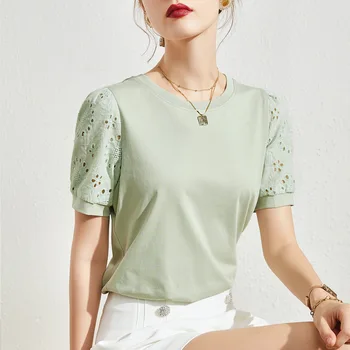 Lanterna cu Maneci Scurte Florale Tricou Femei Hollow Out 2021 Topuri de Vara Casual Femeie coreean Haine Stil T-shirt, Tee Shirt Femme