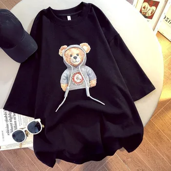 Vara Femei Stras Bumbac 3D Drăguț Urs de Imprimare Harajuku Tee Shirt Short Sleeve Crewneck Amuzant Casual Pulover coreea Topuri