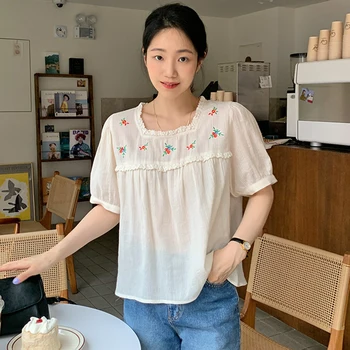 Kimotimo Jacquard, Broderie Tricouri Femei Coreene Pătrat Guler De Dantelă Mozaic Transparent Topuri De Vara Dulce Puff Maneca Bluza