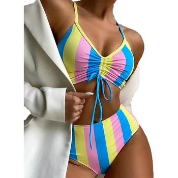 QINJOYER Sexy cu Dungi de costume de Baie de Înaltă Fost Bikini 2 Piese Costume de Baie Femei Costume de baie 2021 Bikini Brazilian costum de Baie Triunghi