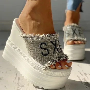 Femei Vara Stras Pene Toc Papuci De Casă 2020 Platforma Peep Toe Înălțime Creșterea Slide-Uri Sexy Si Damele De Pantofi Zapatos De Mujer