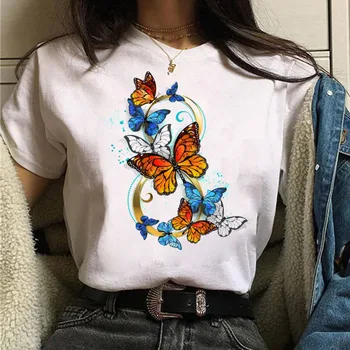 Fluture grafice imprimate Tricou Estetice pentru Femei T-shirt Alb Gât Rotund Maneca Scurta de Vara tricou femei