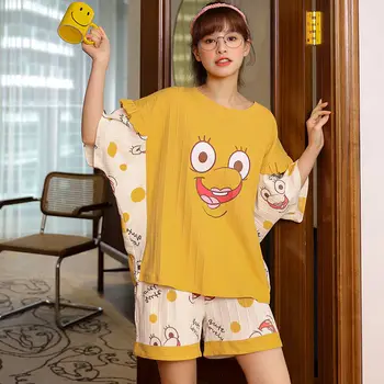 Pijama Seturi Pentru Femei Print Design Artistic Popular Uzura Acasă Kawaii Body Stil Coreean De Vară Elegant Rotund Gat Noapte De Sex Feminin