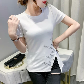 Vară Stil European de Bumbac T-Shirt Femei de Moda Sexy Nereguli Butonul Femei Topuri cu Maneci Scurte Tricou Bottom Teuri T16022A