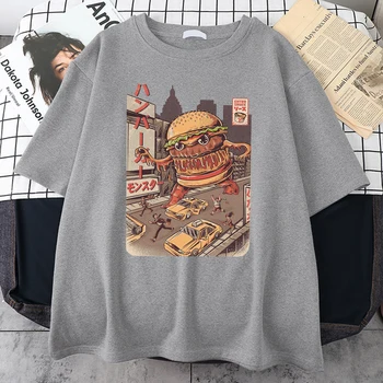 Ukiyoe Japonia Stil Burgerzilla Tricou Harajuku Retro Tricouri Strada De Vara Tricou Topuri Casual Pierde T Shirt Pentru Barbati