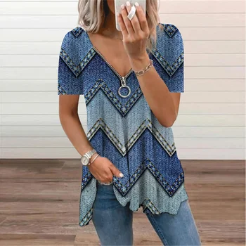 Fermoar Doamnelor T-Shirt Supradimensionate Print Short Sleeve V-Neck Top Tee 2021 Vara Noi Femei Îmbrăcăminte Casual Pulover Vrac Tunica