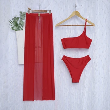 Solid 3pack Un Umăr Bikini de costume de Baie Cu Plaja Fusta Pentru Femei Împinge în Sus Căptușit Costume de baie Sarong 2021 Înot Rochie Costum de Baie