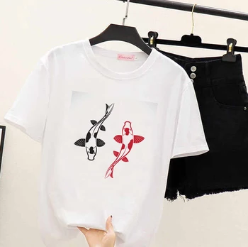 Femei T-shirt casual Chineză Koi Ilustrare Harajuku grafic de imprimare tricou alb Top scurt cu maneci doamnelor femei T-shirt