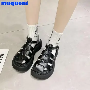 MUQUENI Pene Platforma Sandale din Piele Adevărată Mid Pantofi cu Toc T-Curea Rotund Toe Femeie Încălțăminte Catarama Sandale de Vara Negru Nou