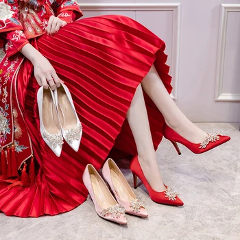 2020 New Sosire Albă a Subliniat Toe femeile nunta pantofi Mireasa, pantofi cu toc inalt doamnelor rochie de petrecere pantofi femeie Înaltă Pompe