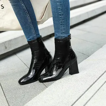 ZawsThia brevet PU piele stretch șosete papuceii doamnelor pompe tocuri indesata glezna femei cizme femei pantofi de mare dimensiune 45 46