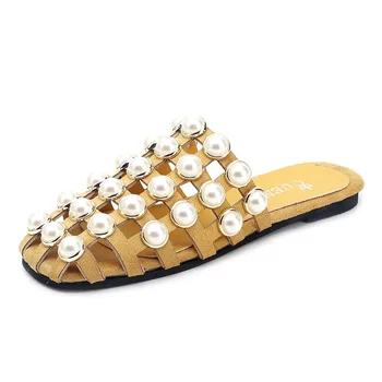 Moda Vara pantofi de Plaja Perla Sandale Curea subțire Plat Roman Femei Flip Flops Casual Plat Papuci femei sandale