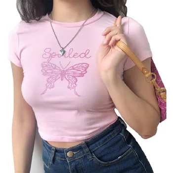 Fluture de Imprimare Scurte T-shirt pentru Femei Rochie de Vara Stil coreean Talie mare Stramte Buric Rochie de Top Femei