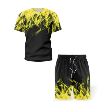 2021 vară bărbați cu mânecă scurtă 3D flacără T-shirt seturi de sport topuri de imprimare digitală de îmbrăcăminte pentru bărbați + pantaloni scurți