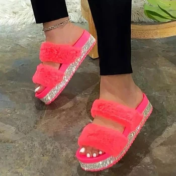 2020 Femei Blană Papuci De Vara Acasa Tv Cu Blana Slide-Uri Pentru Femei De Mari Dimensiuni 43 Pufos De Sex Feminin Pantofi Glitter Interioară Femei Pantofi Casual